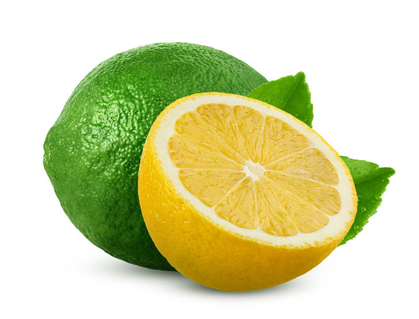 柑橘类。青柠和柠檬，叶孤立在白色背景上图片下载