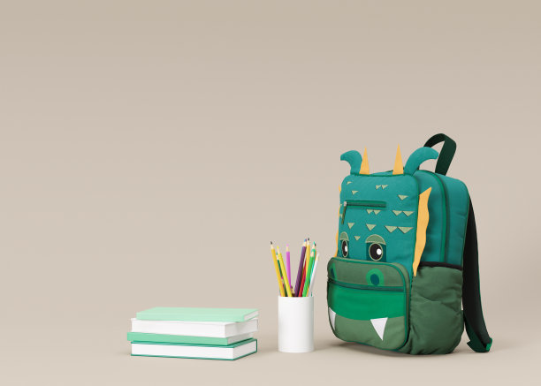 学校文具项目在米色背景与自由空间的文本。创意，丰富多彩的背景与学校用品。布局与复制空间。书包，背包，铅笔，书。3 d渲染。图片下载