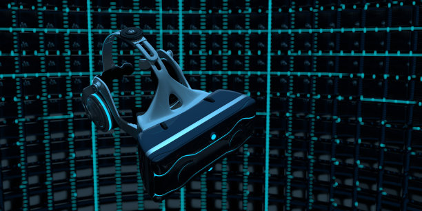 虚拟现实眼镜，在深色离焦背景下漂浮着蓝光耳机。三维演示图片下载