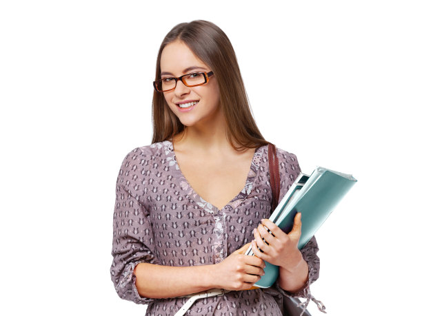 美丽的女学生与书孤立在白色。图片下载