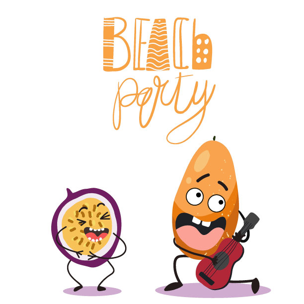 矢量插图可爱的人物，有趣的水果椰子和百香果与乐器。儿童t恤设计，夏日时光，夏日心情。矢量插图。夏天的氛围。图片下载