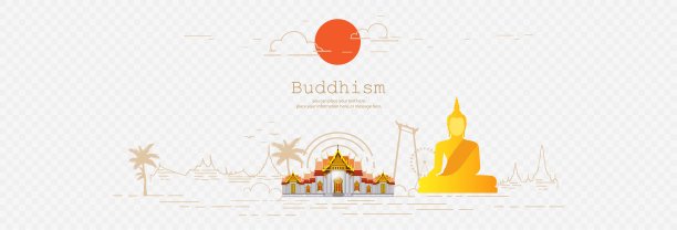 横幅全景佛画线矢量背景——摩迦普迦、阿散哈普迦、卫塞普迦日、佛教节日概念、泰国文化图片下载