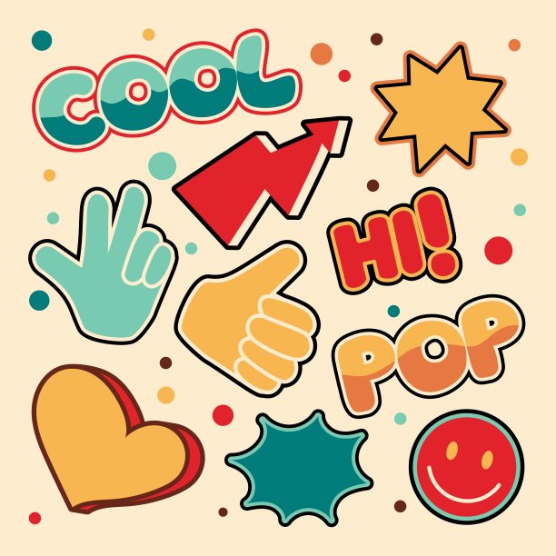 90年代复古流行的拼贴横幅。抽象的背景与铭文和贴纸。酷新潮矢量设计插图。图片下载