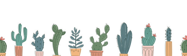 无缝水平模式与仙人掌花盆。向量的背景图片下载