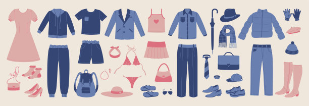集向量衣柜的衣服插图。时尚服装图标。汇集了女装和男装的时尚风格元素。图片下载