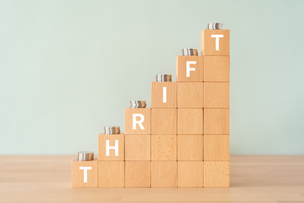 带有“THRIFT”字样的木块和硬币图片下载