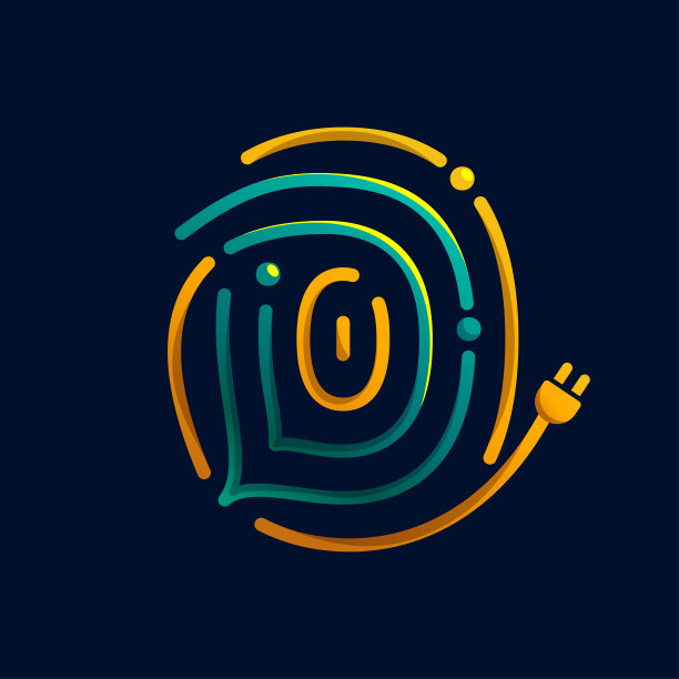 D字母标识用指纹制成，用插头插好。彩色电缆图标生动的梯度和线条。图片下载