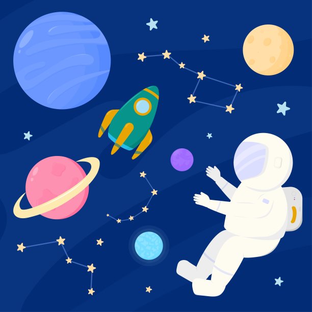 集合空间元素。太空、行星、火箭、星座和宇航员。图片下载