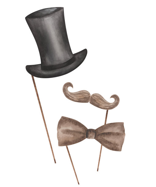 手绘的水彩插图黑色长绅士帽子，棕色的脖子领结蝴蝶结，胡子在棍子上。人的剪影。孤立的男性剪贴画为问候明信片，名片。父亲节图片下载