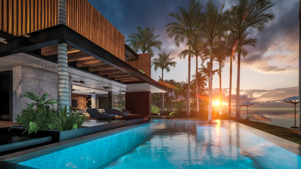 3d渲染现代住宅与木板立面的大海或海洋在日落图片下载