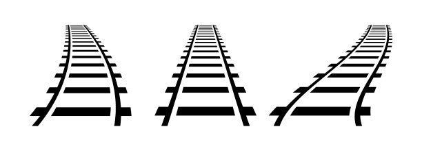 矢量插图曲线铁路孤立在白色背景。直线和曲线铁路列车轨道图标集。透视视图铁路列车路径。图片下载