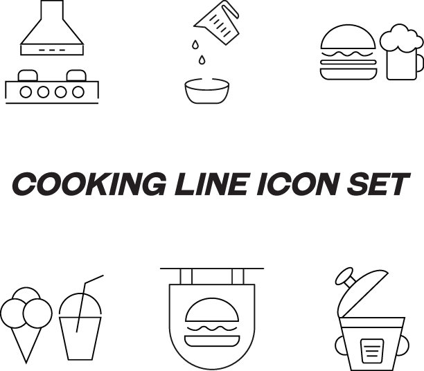烹饪，食物和厨房的概念。收集现代轮廓单色图标在平面风格。线条图标集炉罩在烤箱，烹饪，啤酒，汉堡包，冰淇淋，鸡尾酒，多炊具图片下载