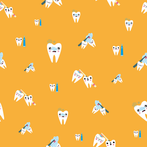 卡哇伊牙齿儿童牙齿护理矢量无缝模式背景。可爱的卡通人物用牙刷、牙膏刷牙。儿童口腔健康趣味性别中性重复。图片下载