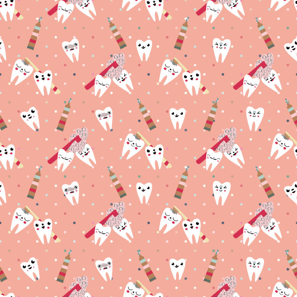 卡哇伊牙齿儿童牙齿护理矢量无缝模式背景。可爱的卡通人物用牙刷、牙膏刷牙。儿童口腔健康乐趣粉白重复。图片下载