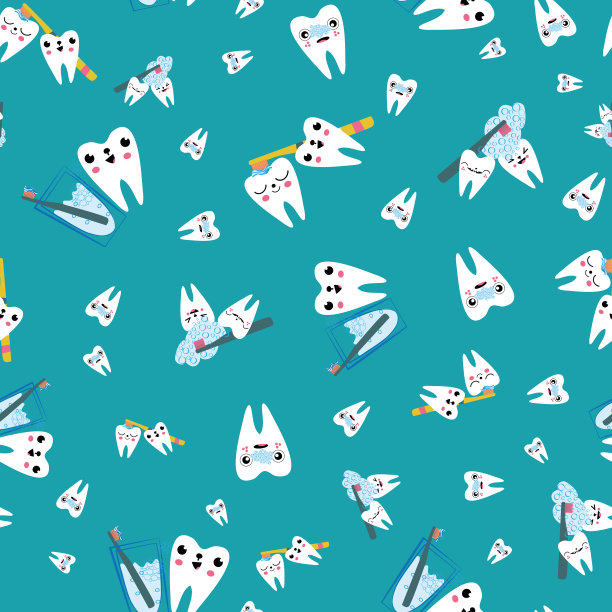 卡哇伊牙齿儿童牙齿护理矢量无缝模式背景。可爱的卡通人物用牙刷、牙膏刷牙。儿童口腔健康乐趣粉白重复。图片下载