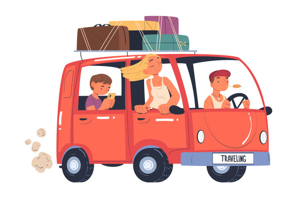 年轻的男人和女人旅行的面包车与行李箱在屋顶上的旅行矢量插图图片下载