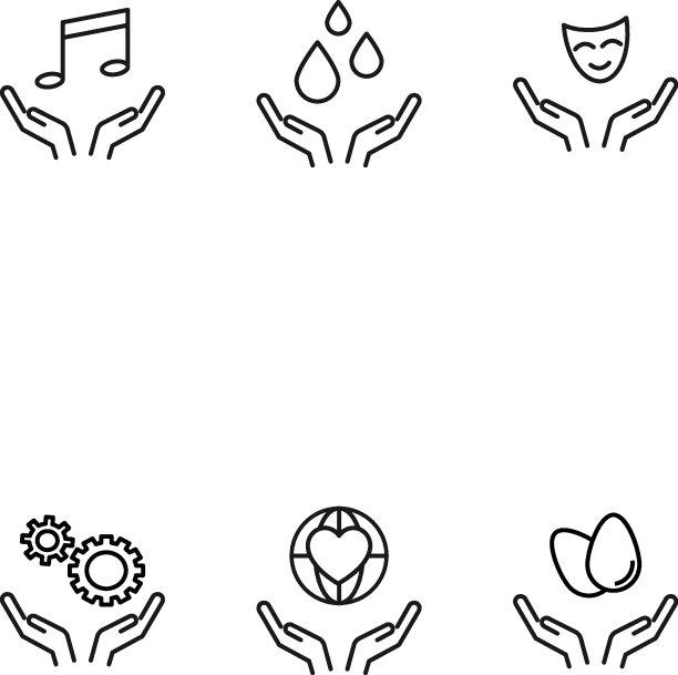 慈善与慈善理念。用细线绘制的现代矢量轮廓符号。行图标集合。音符、水滴、戏剧面具、装备、地球仪、心形鸡蛋的图标图片下载