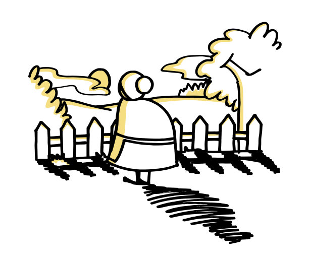 可爱的老妇人性格背影站在看日落从她的房子的花园。卡通风格矢量插图。图片下载