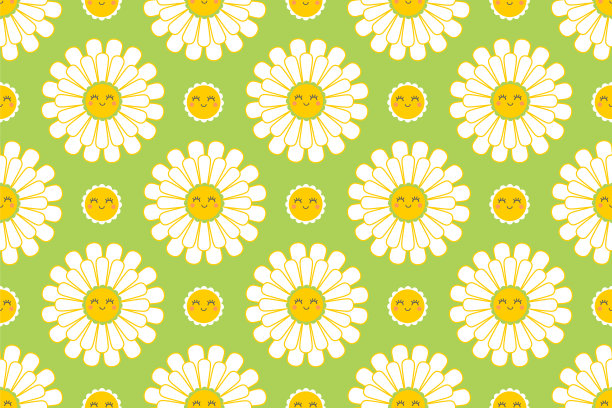 可爱微笑雏菊花无缝图案。图片下载