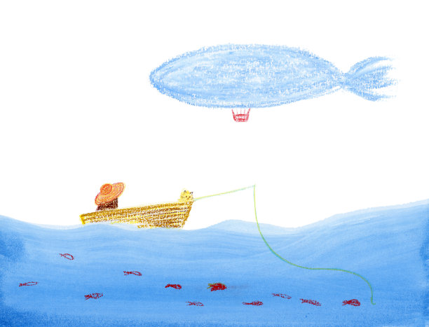 女孩和猫在船上钓鱼。她看着飞艇图片下载