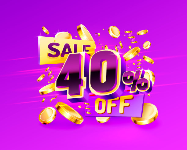 40。折扣创造性的成分。3d销售符号与装饰对象，金色的五彩纸屑，讲台和礼盒。促销横幅及海报图片下载