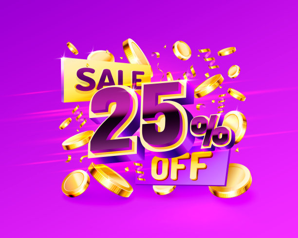 25了。折扣创造性的成分。3d销售符号与装饰对象，金色的五彩纸屑，讲台和礼盒。促销横幅及海报图片下载