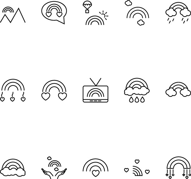 矢量符号在现代平面风格。适合网页、网上商店、专卖店、广告、招牌。线路图标设置与图标的山，气球，雨，云等旁边的彩虹图片下载