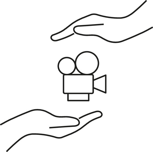 礼物、慈善、奉献理念。轮廓单色符号绘制在平面风格。适用于文章、广告、书籍等。摄像机的线图标之间展开的双手图片下载