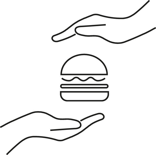 礼物、慈善、奉献理念。轮廓单色符号绘制在平面风格。适用于文章、广告、书籍等。线图标之间的汉堡包伸出双手图片下载
