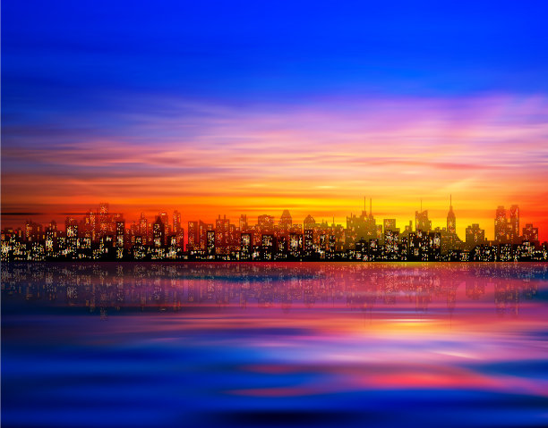 剪影全景城市和河流背景图片下载