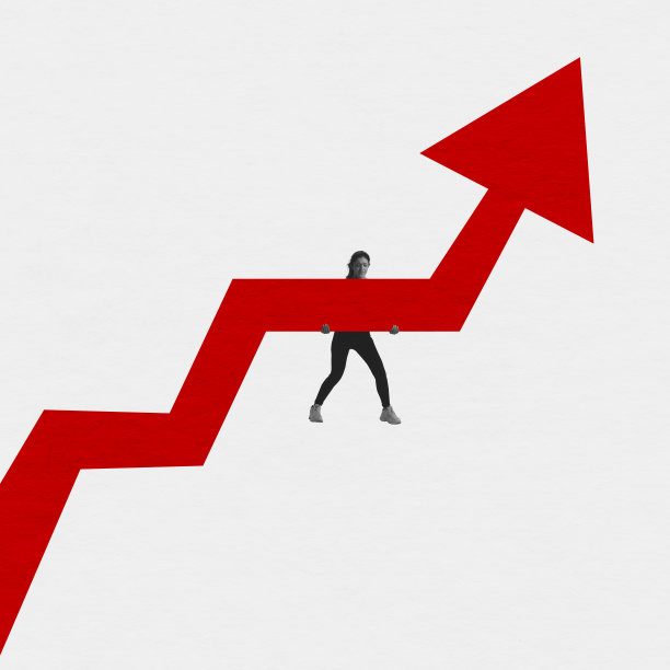 一位严肃的女性拿着巨大的红色箭头，作为商品、产品和服务价格上涨的指标。商业、分析、金融的概念图片下载