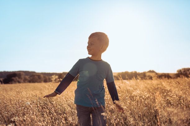 快乐的小男孩走在田野里，看着外面的自然环境。图片下载