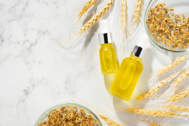 概念组成的小麦精油和小麦胚芽在大理石桌子上。含精华油，用于皮肤和头发护理。一瓶身体油和一支移液管。自我保健和健康。俯视图，复制空间图片下载