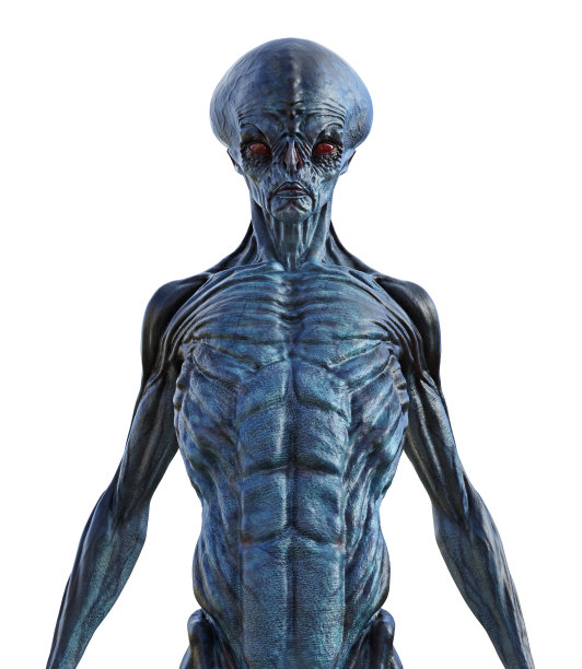 一个蓝色皮肤的男性外星人的上躯干的3d插图，红色的眼睛和骨骼瘦弱的身体在白色的背景上向前看。图片下载