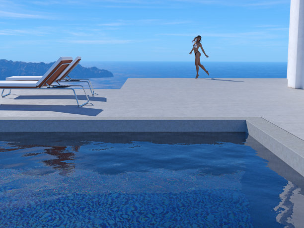 插画:一个无忧无虑的女人穿着比基尼站在露台边上，前景是一个游泳池，在下午的阳光下，在度假胜地玩耍。图片下载