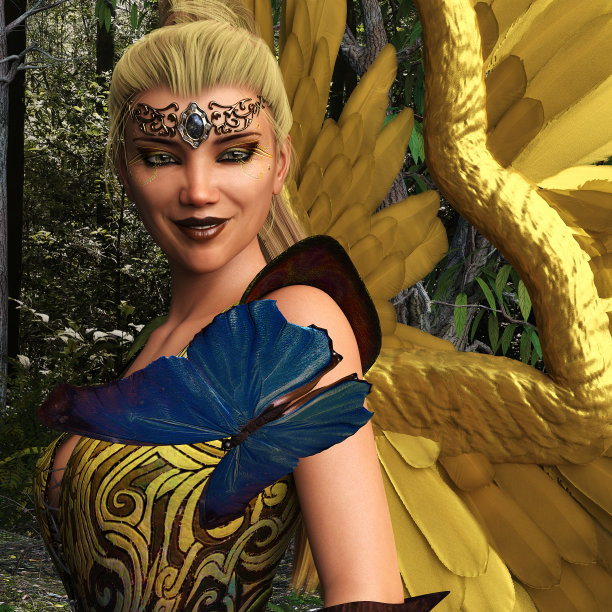 3d插图，一个有翅膀的女人站在森林设置看一个大的蓝色蝴蝶。图片下载