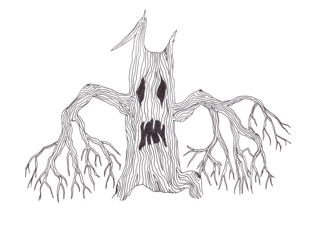 黑色和白色的可怕的万圣节树与树枝，眼睛和嘴孤立在白色背景图片下载