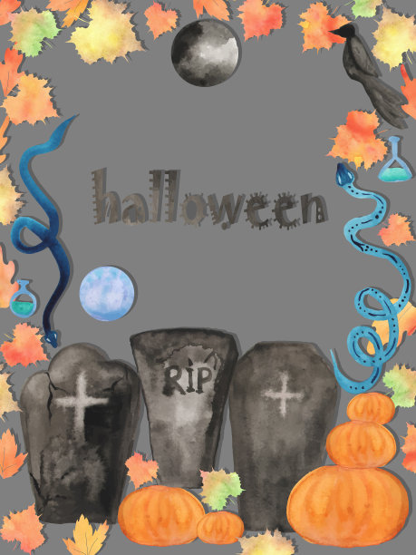 万圣节水彩秋季背景南瓜，药水，满月，墓碑，水晶球，乌鸦和蛇手绘插图图片下载