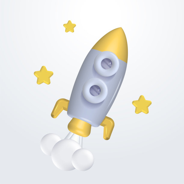 飞着灰色和黄色的太空火箭，上面有可爱的星星。飞船发射商业产品的市场概念。火箭3d渲染图标。现实创新的创业理念象征。矢量图图片下载