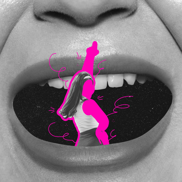 没有脸的超现实艺术作品，年轻女子在张开的嘴。控制言论、影响力、造假、突发新闻概念。当代艺术拼贴。图片下载