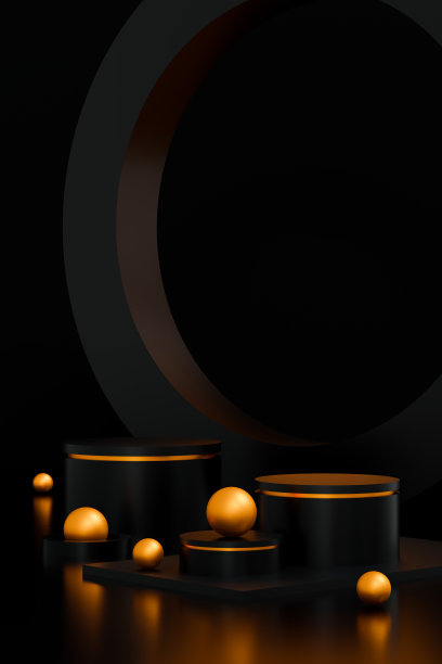 黑色的领奖台在舞台上以黑色和金色的平台最少。展示化妆品和珠宝产品的舞台。舞台黑色基座现代3d工作室黑暗平台图片下载