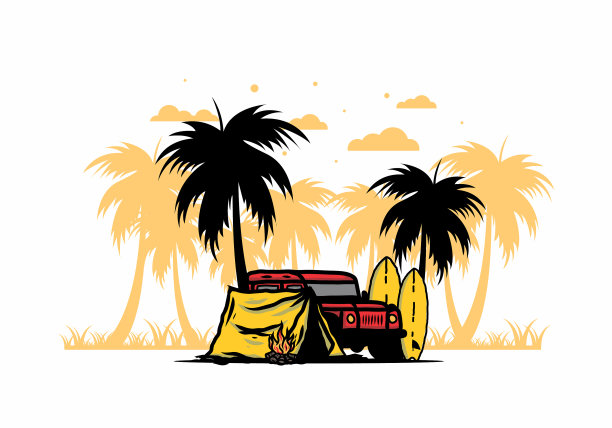 和越野车在海滩上露营图片下载