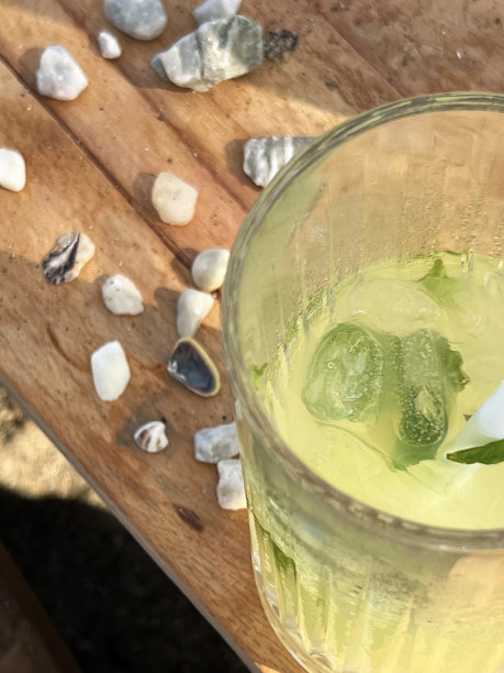 享受清凉的柠檬水与薄荷叶在海滩，宏观的看法。图片下载