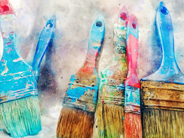 水彩效果在一张用多色艺术家的画笔在画布上的照片图片下载