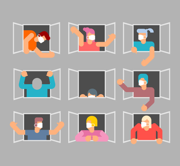 戴口罩的人在窗口隔离covid 19图片下载