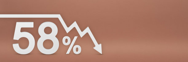 58%，图上的箭头是向下的。股市崩盘，熊市，通货膨胀。经济崩溃，股市崩溃。3d横幅，58%的折扣标志在红色的背景。图片下载