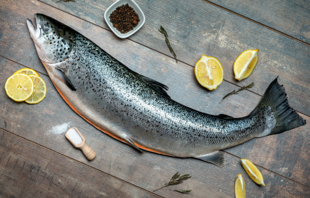 新鲜的生鲑鱼，红鱼，香料，盐，柠檬，胡椒，迷迭香，深色木质底色。鲑鱼烹饪。海鱼，健康食品。俯视图图片下载