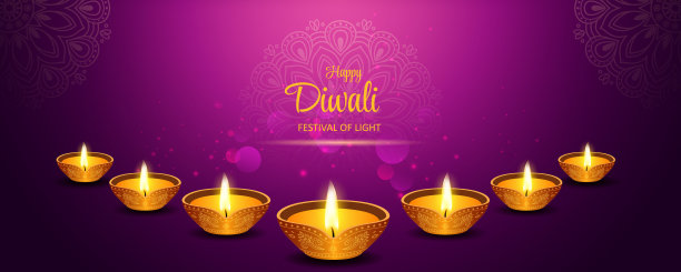 快乐排灯节横幅贺卡背景照明油灯和花曼荼罗。图片下载