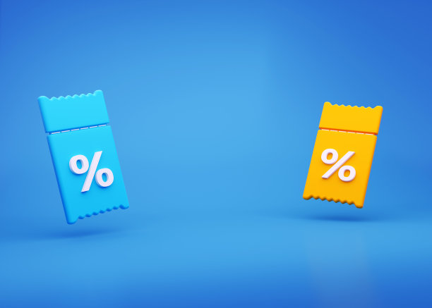 黄色和蓝色的3D优惠券与折扣的蓝色背景。3 d代金券的礼物。有折扣的票。3 d渲染图. .图片下载