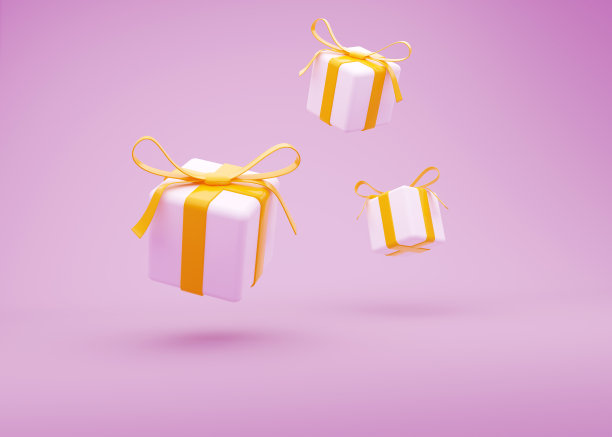 3d飞行礼盒白色与黄色丝带蝴蝶结在粉红色的背景。圣诞节，生日，广告，促销。3 d渲染。图片下载